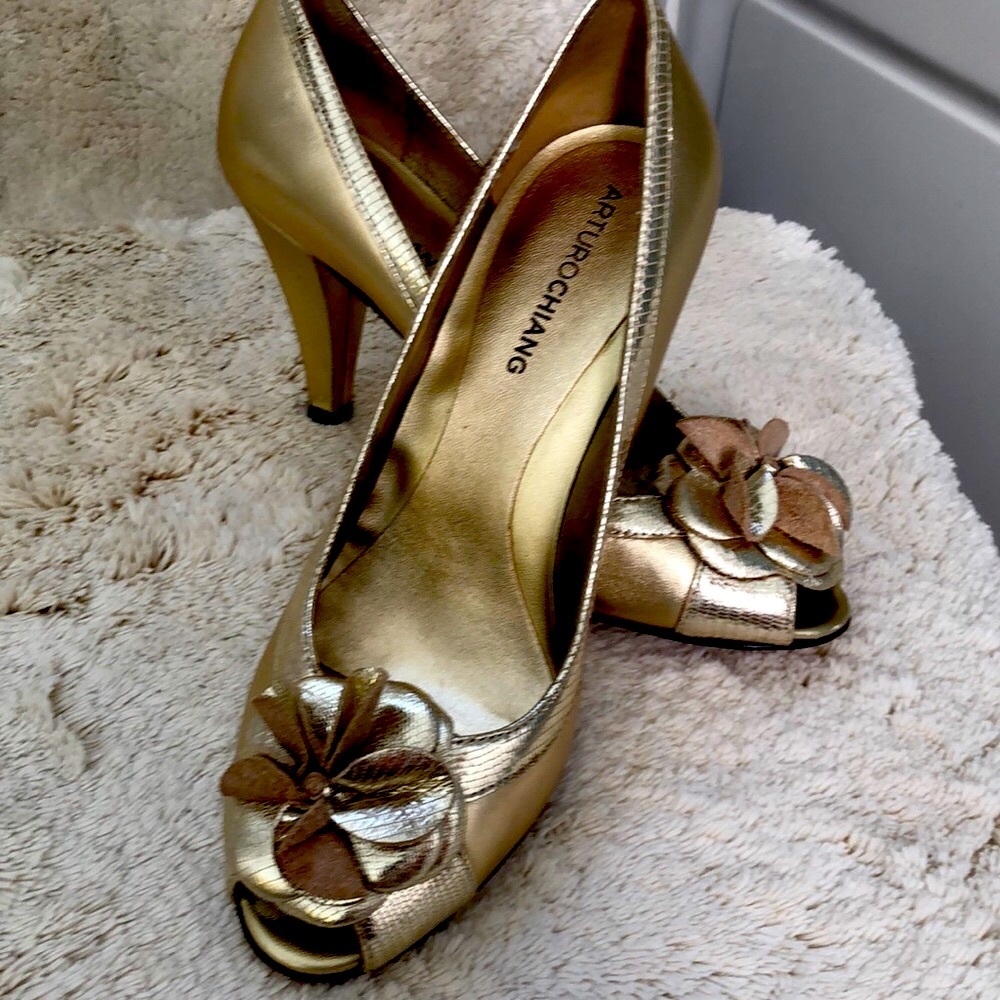 Beautiful leather gold shoes.
